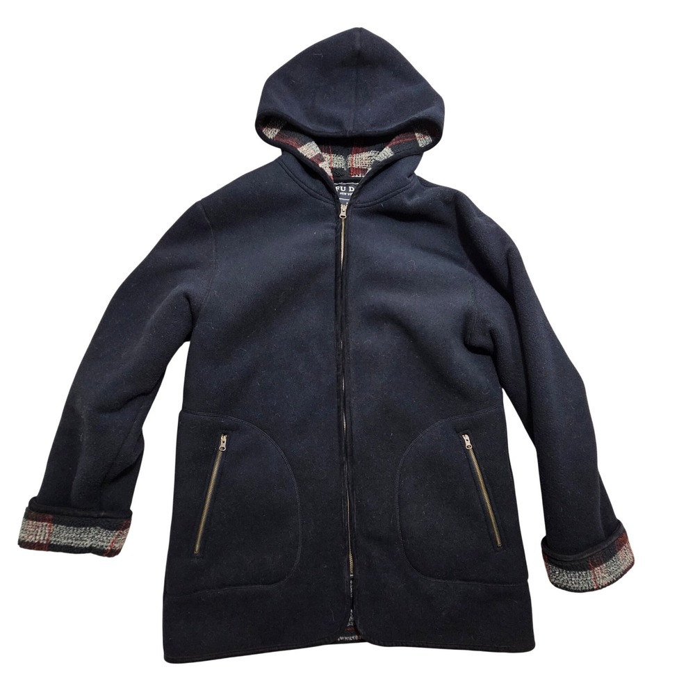 Fu Da New York Mens Navy Blue Fleece Lined Hooded Jacket Plaid Sherpa Zip M